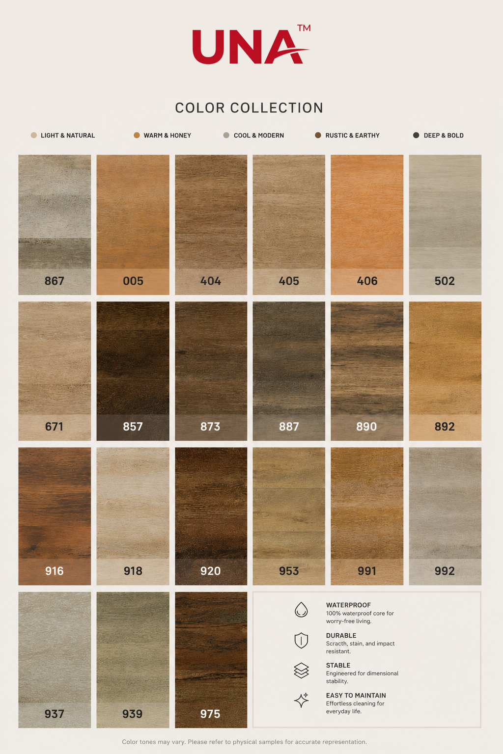UNAFloors Collection · Series II — full SPC color chart with named décors