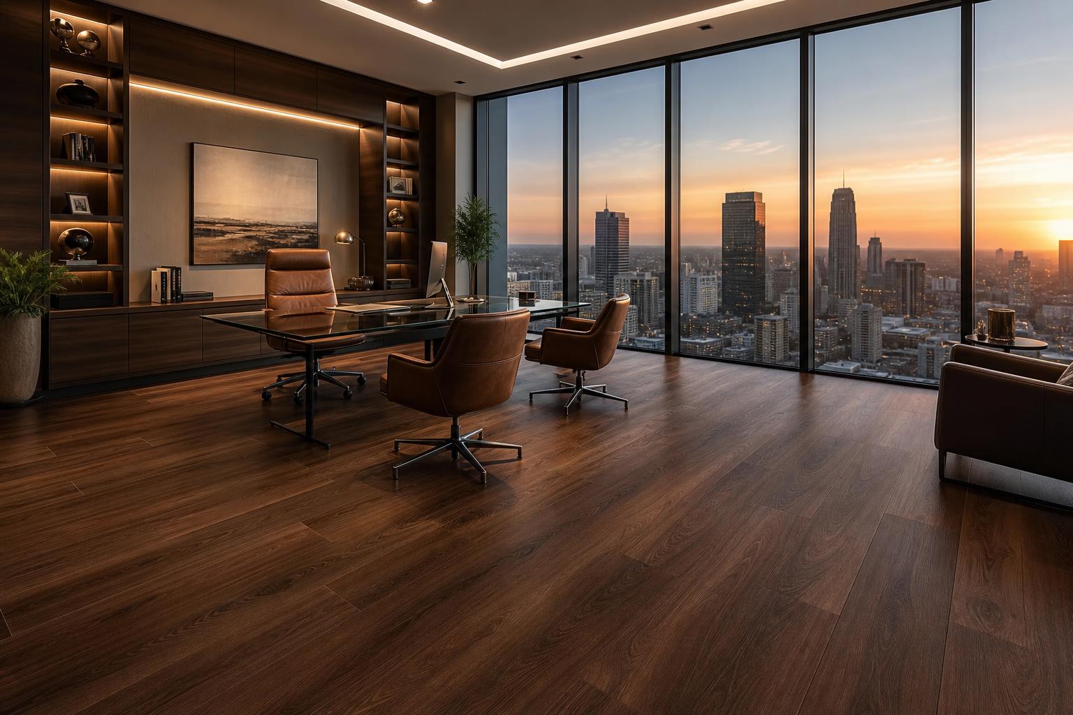 Luxurious modern office with premium walnut SPC vinyl flooring